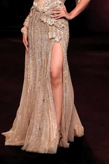 Buy Dolly J Gold Tulle Beads, Crystals, Fabric Flowers Asymmetric Vanika Embellished Gown Online at Aza Fashions Buy_Dolly J_Gold Tulle Beads, Crystals, Fabric Flowers Asymmetric Vanika Embellished Gown _Online_at_Aza_Fashions