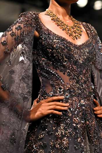 Dolly J_Purple Tulle, Chantilly, Lace Sweetheart Himikai Embroidered Jacket Lehenga Set _Online_at_Aza_Fashions