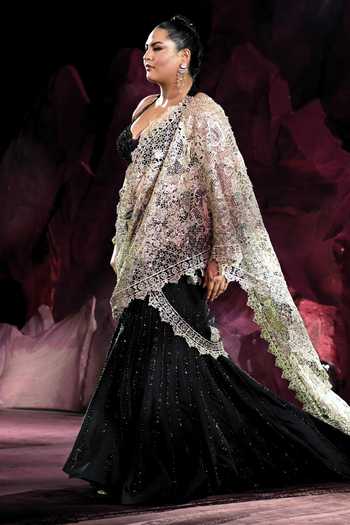 Dolly J_Black Silk, Tulle Halter Neck Rewa Embellished Pre-draped Saree Set _Online_at_Aza_Fashions