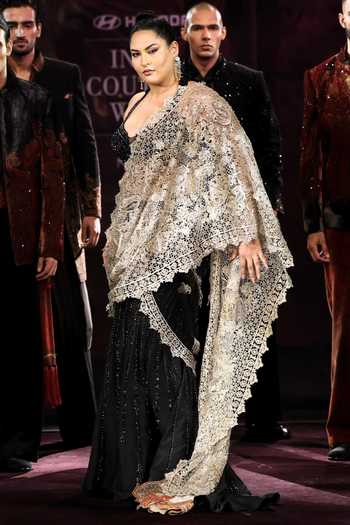 Buy_Dolly J_Black Silk, Tulle Halter Neck Rewa Embellished Pre-draped Saree Set _Online_at_Aza_Fashions