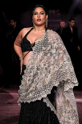 Shop_Dolly J_Black Silk, Tulle Halter Neck Rewa Embellished Pre-draped Saree Set _Online_at_Aza_Fashions