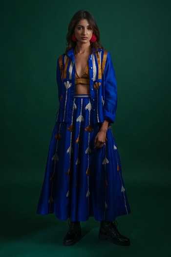 KA-Sha_Blue Chanderi Collared Neck Kama Shirt _Online_at_Aza_Fashions