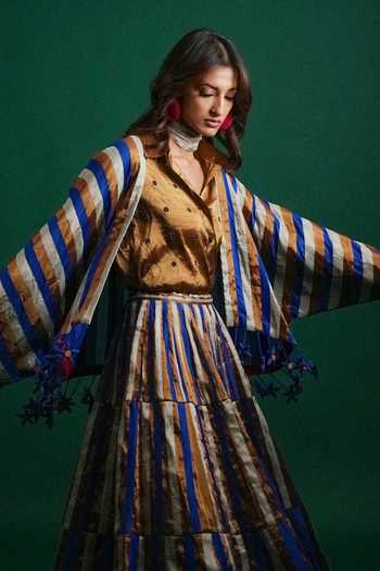 KA-Sha Blue Chanderi Collared Neck Shoma Jacket Online at Aza Fashions KA-Sha_Blue Chanderi Collared Neck Shoma Jacket _Online_at_Aza_Fashions