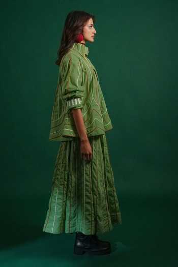 Shop_KA-Sha_Green Cotton Mandarin Collar Mash Jacket _Online_at_Aza_Fashions