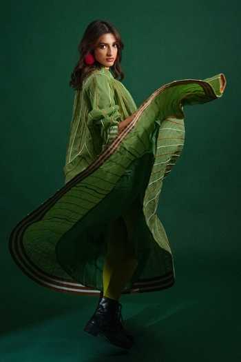 KA-Sha_Green Cotton Mandarin Collar Mash Jacket _at_Aza_Fashions
