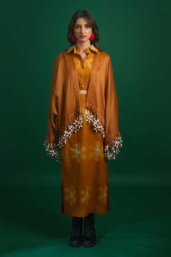 KA-Sha Brown Chanderi Open Neck Tass Moma Jacket at Aza Fashions KA-Sha_Brown Chanderi Open Neck Tass Moma Jacket _at_Aza_Fashions