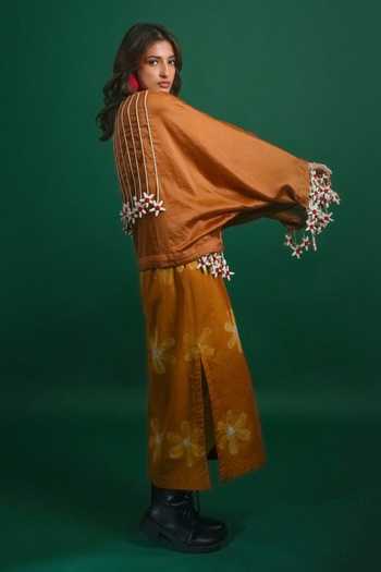 Buy KA-Sha Brown Chanderi Open Neck Tass Moma Jacket Buy_KA-Sha_Brown Chanderi Open Neck Tass Moma Jacket