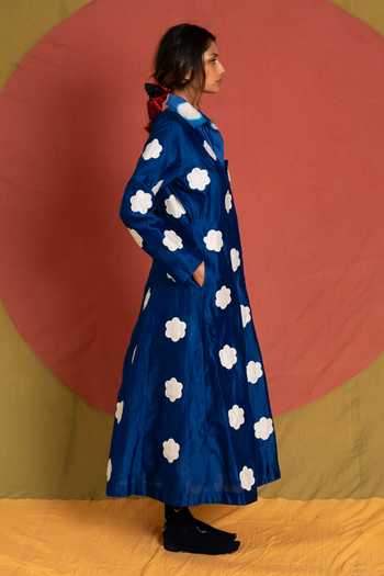 KA-Sha_Blue Chanderi Collared Neck Heer Flower Applique Dress _Online_at_Aza_Fashions