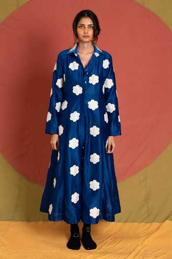 Buy_KA-Sha_Blue Chanderi Collared Neck Heer Flower Applique Dress _Online_at_Aza_Fashions