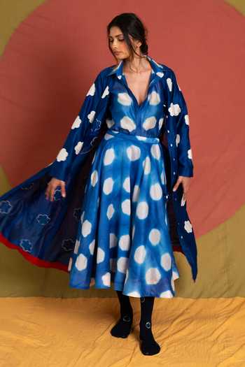 Shop_KA-Sha_Blue Chanderi Collared Neck Heer Flower Applique Dress _Online_at_Aza_Fashions