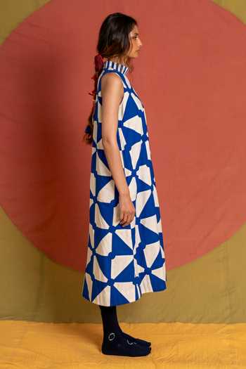 KA-Sha_Blue Cotton High Neck Kite Applique Dress _Online_at_Aza_Fashions