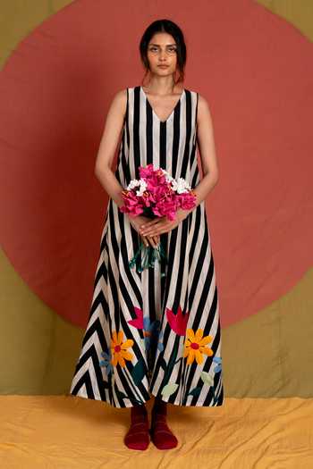 Buy KA-Sha Multicolor Chanderi V-neck Mali Applique Striped Dress Online at Aza Fashions Buy_KA-Sha_Multicolor Chanderi V-neck Mali Applique Striped Dress _Online_at_Aza_Fashions
