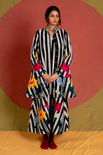 Shop KA-Sha Multicolor Chanderi V-neck Mali Applique Striped Dress Online at Aza Fashions Shop_KA-Sha_Multicolor Chanderi V-neck Mali Applique Striped Dress _Online_at_Aza_Fashions