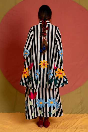KA-Sha Multicolor Chanderi V-neck Mali Applique Striped Dress at Aza Fashions KA-Sha_Multicolor Chanderi V-neck Mali Applique Striped Dress _at_Aza_Fashions