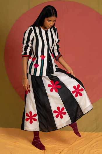 KA-Sha Black Chanderi Striped Florist Skirt Online at Aza Fashions KA-Sha_Black Chanderi Striped Florist Skirt _Online_at_Aza_Fashions
