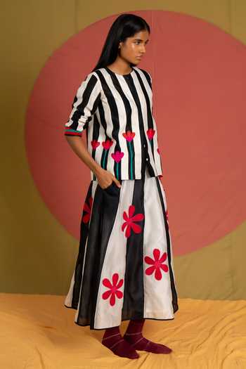 KA-Sha Black Chanderi Striped Florist Skirt at Aza Fashions KA-Sha_Black Chanderi Striped Florist Skirt _at_Aza_Fashions