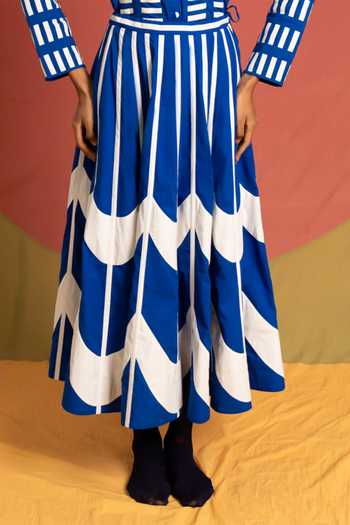 KA-Sha_Blue Cotton Scala Simp Flared Skirt _Online_at_Aza_Fashions