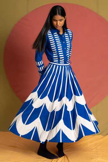 KA-Sha_Blue Cotton Scala Simp Flared Skirt _at_Aza_Fashions