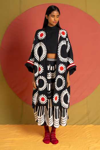 KA-Sha Black Cotton Scala Flared Applique Skirt Online at Aza Fashions KA-Sha_Black Cotton Scala Flared Applique Skirt _Online_at_Aza_Fashions