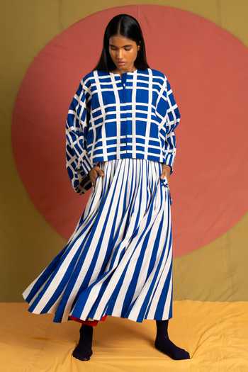 KA-Sha_Blue Cotton Round Neck Chacha Applique Striped Jacket _Online_at_Aza_Fashions