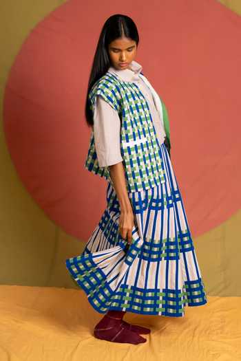 Buy KA-Sha Blue Cotton Checkered Applique Jacket Online at Aza Fashions Buy_KA-Sha_Blue Cotton Checkered Applique Jacket _Online_at_Aza_Fashions
