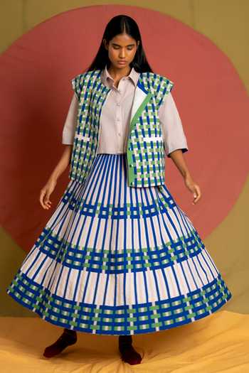 Shop KA-Sha Blue Cotton Checkered Applique Jacket Online at Aza Fashions Shop_KA-Sha_Blue Cotton Checkered Applique Jacket _Online_at_Aza_Fashions
