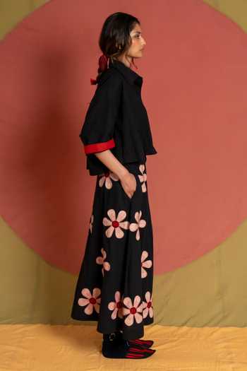 KA-Sha Black Cotton Florist Betty Skirt Online at Aza Fashions KA-Sha_Black Cotton Florist Betty Skirt _Online_at_Aza_Fashions