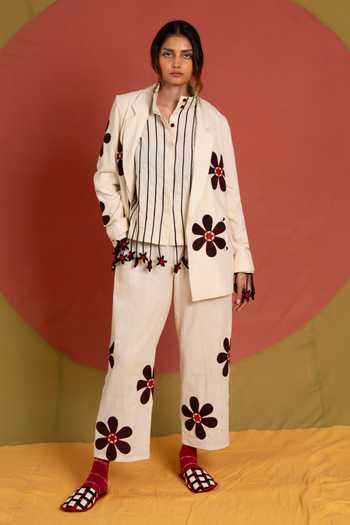 Shop_KA-Sha_White Cotton Collared Neck Florist Applique Blazer _Online_at_Aza_Fashions