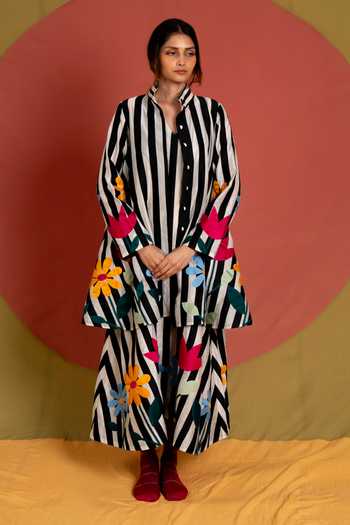 Shop_KA-Sha_Black Chanderi Mandarin Collar Mali Long Simp Jacket _Online_at_Aza_Fashions