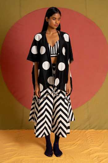 KA-Sha_Black Cotton Open Neck Polka Overlay Reversible Jacket _Online_at_Aza_Fashions