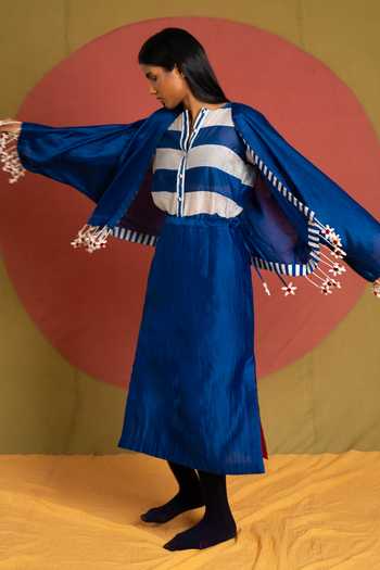 KA-Sha Blue Chanderi Open Neck Tass Moma Jacket at Aza Fashions KA-Sha_Blue Chanderi Open Neck Tass Moma Jacket _at_Aza_Fashions