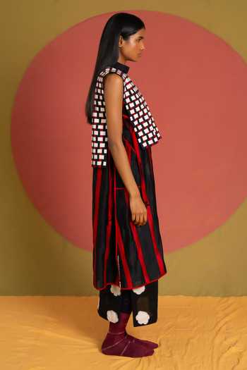 KA-Sha_Black Chanderi High Neck Line Bind Tunic _Online_at_Aza_Fashions