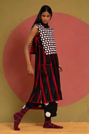 Shop_KA-Sha_Black Chanderi High Neck Line Bind Tunic _Online_at_Aza_Fashions