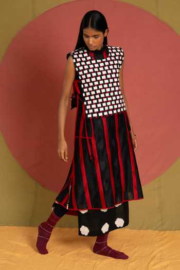 KA-Sha_Black Chanderi High Neck Line Bind Tunic _at_Aza_Fashions