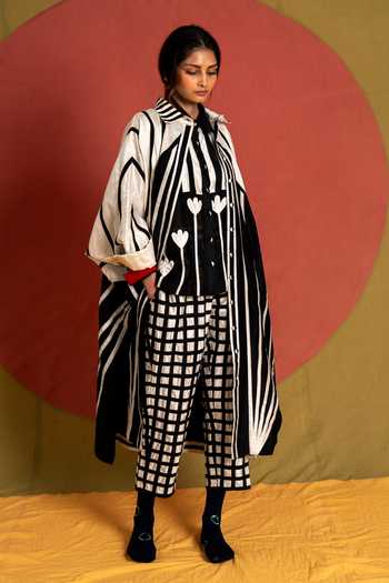 KA-Sha_Black Cotton High Neck Venti Striped Shirt Jacket _Online_at_Aza_Fashions