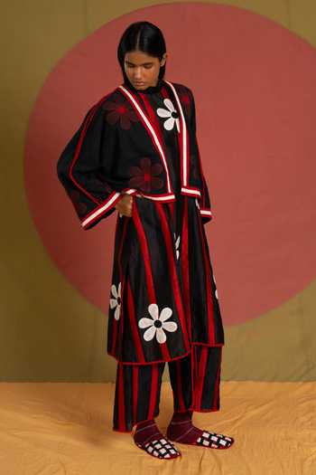 KA-Sha_Black Cotton Florist Crop Moma Jacket _Online_at_Aza_Fashions