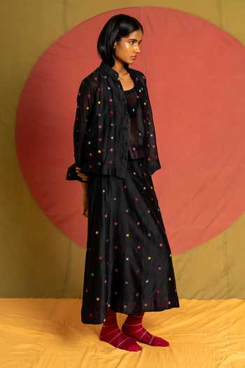 KA-Sha_Black Chanderi Mandarin Collar Floaty Hand Embroidered Shirt _Online_at_Aza_Fashions