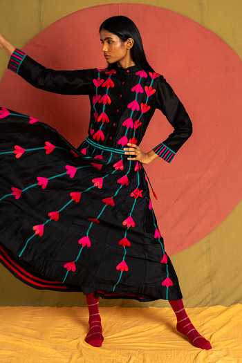 Shop KA-Sha Black Chanderi Mandarin Collar Kamali Applique Shirt Online at Aza Fashions Shop_KA-Sha_Black Chanderi Mandarin Collar Kamali Applique Shirt _Online_at_Aza_Fashions