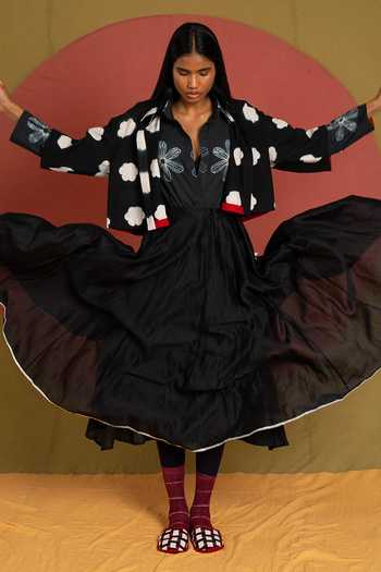 KA-Sha_Black Cotton Collared Neck Floral Pattern Shirt _Online_at_Aza_Fashions