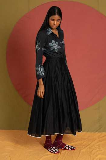 Buy_KA-Sha_Black Cotton Collared Neck Floral Pattern Shirt _Online_at_Aza_Fashions