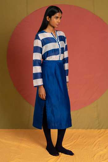 KA-Sha Blue Chanderi Collared Neck Stella Striped Shirt Online at Aza Fashions KA-Sha_Blue Chanderi Collared Neck Stella Striped Shirt _Online_at_Aza_Fashions