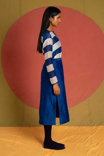 Buy KA-Sha Blue Chanderi Collared Neck Stella Striped Shirt Online at Aza Fashions Buy_KA-Sha_Blue Chanderi Collared Neck Stella Striped Shirt _Online_at_Aza_Fashions