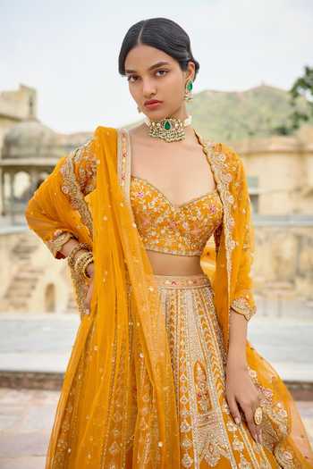 Kalighata Yellow Silk Sweetheart Neck Devina Raw Lehenga Set Online at Aza Fashions Kalighata_Yellow Silk Sweetheart Neck Devina Raw Lehenga Set _Online_at_Aza_Fashions