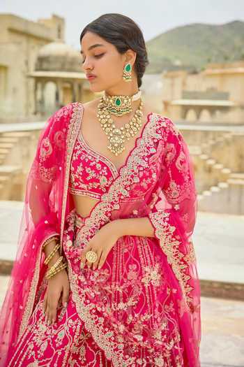 Kalighata Pink Silk V-neck Hiya Bridal Lehenga Set Online at Aza Fashions Kalighata_Pink Silk V-neck Hiya Bridal Lehenga Set _Online_at_Aza_Fashions