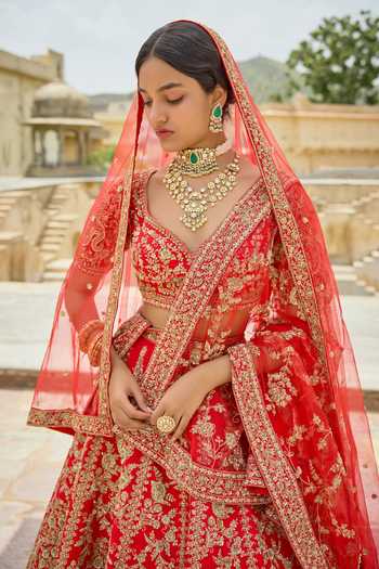 Buy Kalighata Red Silk V-neck Ishwari Bridal Lehenga Set Online at Aza Fashions Buy_Kalighata_Red Silk V-neck Ishwari Bridal Lehenga Set _Online_at_Aza_Fashions