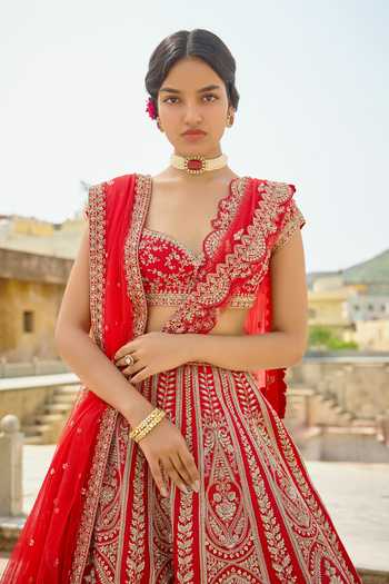 Kalighata Red Silk Sweetheart Neck Kripa Bridal Lehenga Set Online at Aza Fashions Kalighata_Red Silk Sweetheart Neck Kripa Bridal Lehenga Set _Online_at_Aza_Fashions