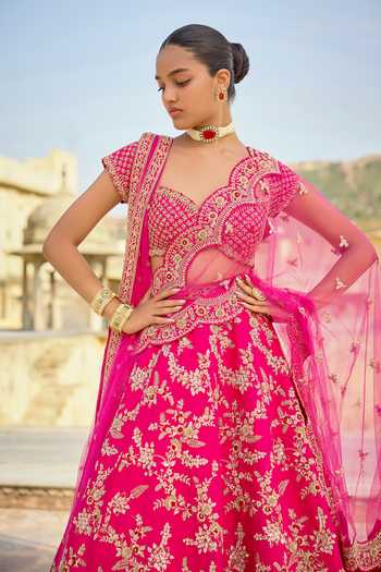 Kalighata Pink Silk Sweetheart Neck Meenal Bridal Lehenga Set Online at Aza Fashions Kalighata_Pink Silk Sweetheart Neck Meenal Bridal Lehenga Set _Online_at_Aza_Fashions