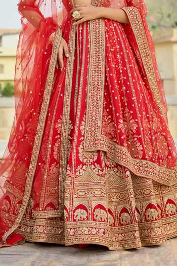 Kalighata Red Silk V-neck Mihira Bridal Lehenga Set Online at Aza Fashions Kalighata_Red Silk V-neck Mihira Bridal Lehenga Set _Online_at_Aza_Fashions