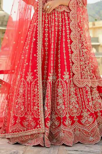 Kalighata Red Silk V-neck Nirvi Bridal Lehenga Set Online at Aza Fashions Kalighata_Red Silk V-neck Nirvi Bridal Lehenga Set _Online_at_Aza_Fashions