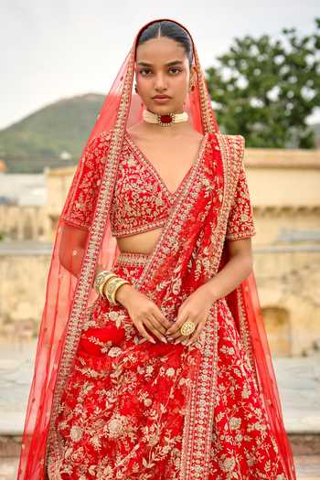 Kalighata Red Silk V-neck Niyat Bridal Lehenga Set Online at Aza Fashions Kalighata_Red Silk V-neck Niyat Bridal Lehenga Set _Online_at_Aza_Fashions